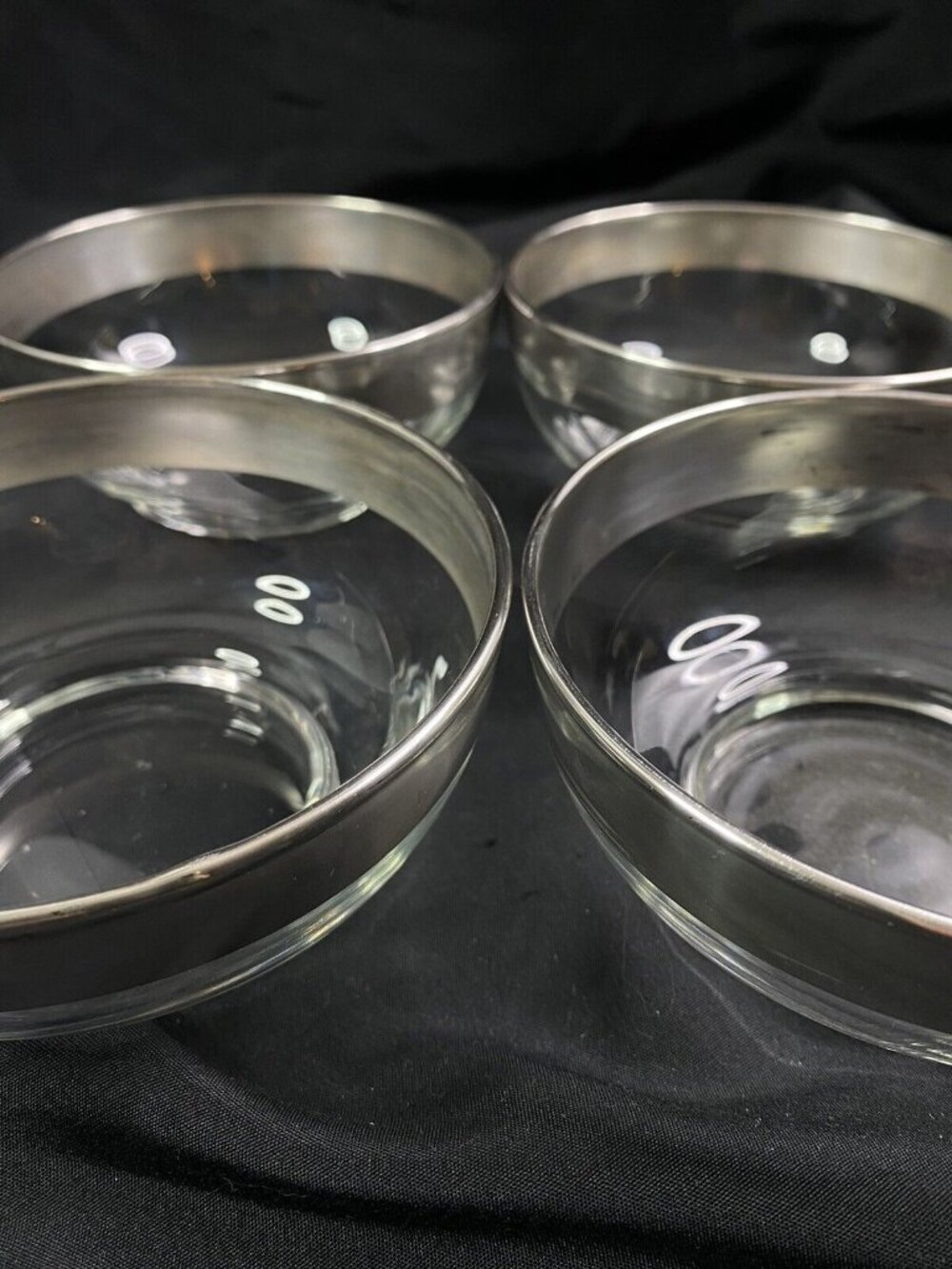 Silver-Plated Rim Glass Dessert Bowls Footed Mid Century Set Of 4